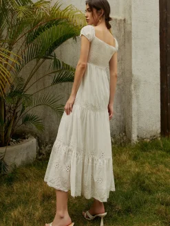 COMMENSE Pure Cotton Ruched Long Dress* White Dresses|Vacation Dresses