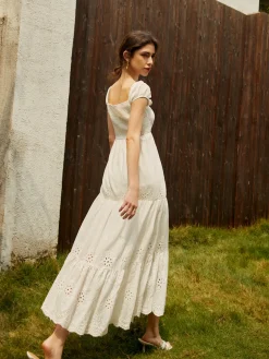 COMMENSE Pure Cotton Ruched Long Dress* White Dresses|Vacation Dresses