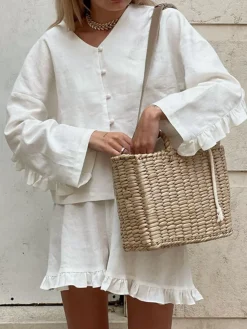 COMMENSE Pure Cotton Ruffle Decor Shorts Set* Shorts Sets|Shorts