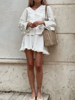 COMMENSE Pure Cotton Ruffle Decor Shorts Set* Shorts Sets|Shorts