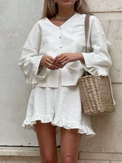 COMMENSE Pure Cotton Ruffle Decor Shorts Set* Shorts Sets|Shorts