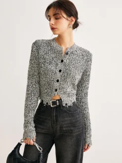 COMMENSE Raw Hem Button Slim Knit Top* Sweater Tops|Sweaters & Cardigans