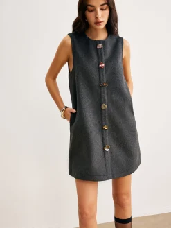 COMMENSE Retro Geometric Button Tank Dress* Casual Dresses|Work Dresses