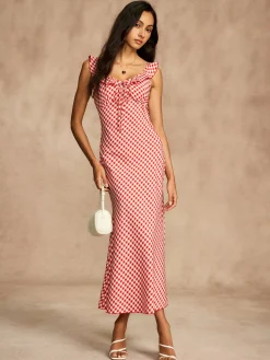 COMMENSE Retro Gingham V-Neck Fishtail Dress* Dresses
