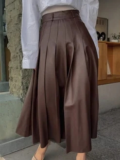COMMENSE Retro Pleated PU Leather Skirt* Skirts|Bottoms