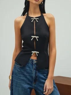 COMMENSE Rhinestone Bow Decor Halter Tank Top* Tank Tops & Camis|Tops