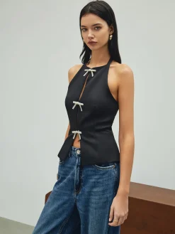 COMMENSE Rhinestone Bow Decor Halter Tank Top* Tank Tops & Camis|Tops