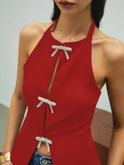 COMMENSE Rhinestone Bow Decor Halter Tank Top* Tank Tops & Camis|Tops