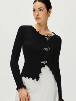 COMMENSE Rhinestone Bow Lettuce Trim Sweater* Sweater Tops|Sweaters & Cardigans