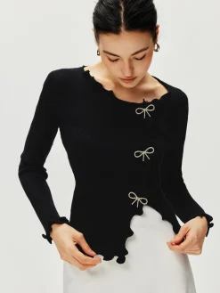 COMMENSE Rhinestone Bow Lettuce Trim Sweater* Sweater Tops|Sweaters & Cardigans