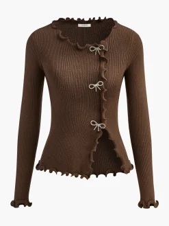COMMENSE Rhinestone Bow Lettuce Trim Sweater* Sweater Tops|Sweaters & Cardigans