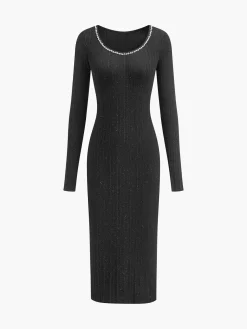 COMMENSE Rhinestone Decor Plain Sweater Dress* Black Dresses|Sweater Dresses