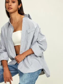COMMENSE Rhinestone Dot Pinstripe Pocket Shirt* Tops