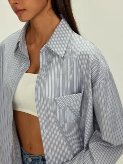 COMMENSE Rhinestone Dot Pinstripe Pocket Shirt* Tops