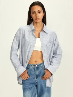 COMMENSE Rhinestone Dot Pinstripe Pocket Shirt* Tops