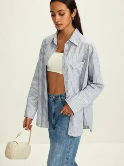COMMENSE Rhinestone Dot Pinstripe Pocket Shirt* Tops