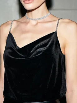 COMMENSE Rhinestone Strap Velvet Cami Top* Tank Tops & Camis|Tops