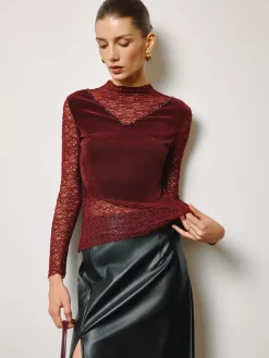 COMMENSE Rhinestone Velvet Panel Lace Slim Top* Tops