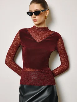COMMENSE Rhinestone Velvet Panel Lace Slim Top* Tops