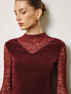 COMMENSE Rhinestone Velvet Panel Lace Slim Top* Tops