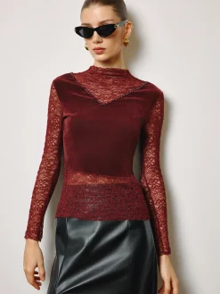 COMMENSE Rhinestone Velvet Panel Lace Slim Top* Tops