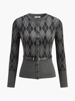 COMMENSE Rhombic Pattern Belted Button Cardigan* Cardigans|Sweaters & Cardigans