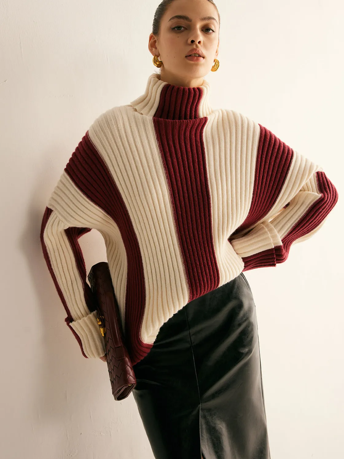 COMMENSE Ribbed Color Block Turtleneck Sweater* Sweater Tops|Sweaters & Cardigans