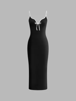 COMMENSE Ribbed Contrast Bow Cami Long Dress* Black Dresses|Casual Dresses
