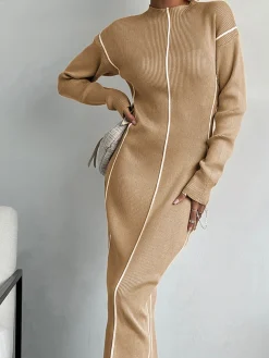 COMMENSE Ribbed Contrast Piping Sweater Dress* White Dresses|Black Dresses