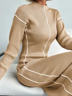 COMMENSE Ribbed Contrast Piping Sweater Dress* Sweater Dresses|Work Dresses