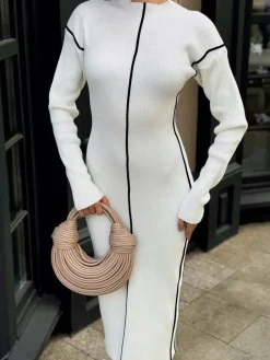 COMMENSE Ribbed Contrast Piping Sweater Dress* Sweater Dresses|Work Dresses