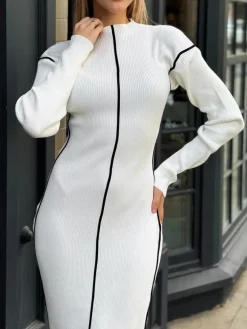 COMMENSE Ribbed Contrast Piping Sweater Dress* Sweater Dresses|Work Dresses