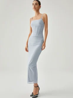 COMMENSE Ribbed Draped Slit Mesh Tank Long Dress* Cocktail & Party Dresses|Vacation Dresses