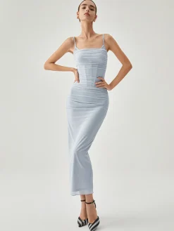 COMMENSE Ribbed Draped Slit Mesh Tank Long Dress* Cocktail & Party Dresses|Vacation Dresses