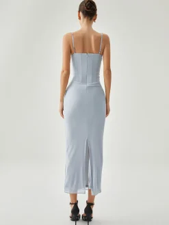 COMMENSE Ribbed Draped Slit Mesh Tank Long Dress* Cocktail & Party Dresses|Vacation Dresses