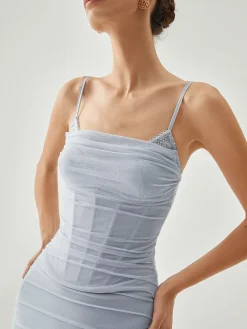 COMMENSE Ribbed Draped Slit Mesh Tank Long Dress* Cocktail & Party Dresses|Vacation Dresses