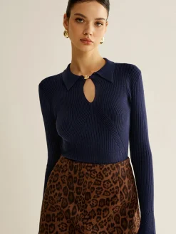 COMMENSE Ribbed Keyhole Neckline Polo Sweater* Sweater Tops|Sweaters & Cardigans