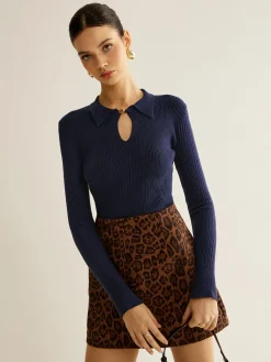 COMMENSE Ribbed Keyhole Neckline Polo Sweater* Sweater Tops|Sweaters & Cardigans