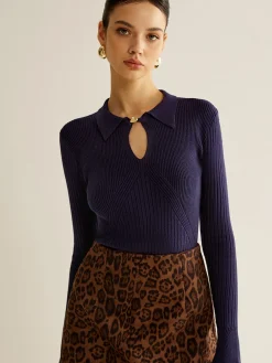 COMMENSE Ribbed Keyhole Neckline Polo Sweater* Sweater Tops|Sweaters & Cardigans