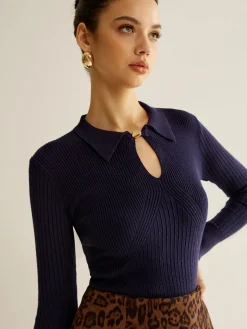 COMMENSE Ribbed Keyhole Neckline Polo Sweater* Sweater Tops|Sweaters & Cardigans