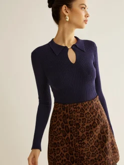 COMMENSE Ribbed Keyhole Neckline Polo Sweater* Sweater Tops|Sweaters & Cardigans