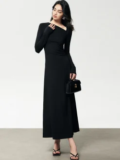 COMMENSE Ribbed Knit Asymmetric Long Sleeve Bodycon Long Dress* Black Dresses|Casual Dresses