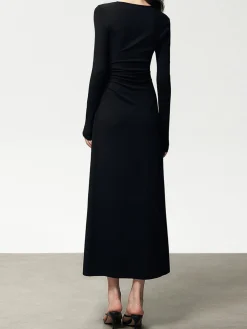 COMMENSE Ribbed Knit Asymmetric Long Sleeve Bodycon Long Dress* Black Dresses|Casual Dresses