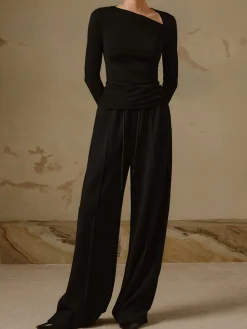 COMMENSE Ribbed Knit Long Sleeve Asymmetric Shirt* T-shirts|Knitwear