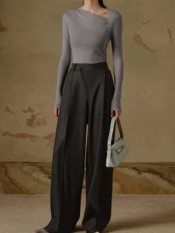COMMENSE Ribbed Knit Long Sleeve Asymmetric Shirt* T-shirts|Knitwear