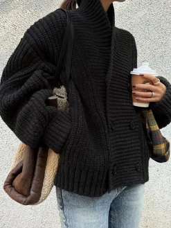 COMMENSE Ribbed Lapel Button Knit Outerwear* Sweater Tops|Outerwear