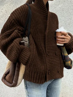 COMMENSE Ribbed Lapel Button Knit Outerwear* Sweater Tops|Outerwear