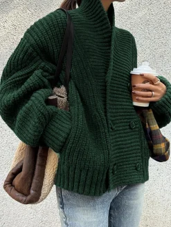 COMMENSE Ribbed Lapel Button Knit Outerwear* Sweater Tops|Outerwear
