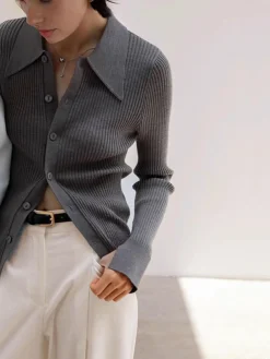 COMMENSE Ribbed Lapel Slim Cardigan* Cardigans|Sweaters & Cardigans