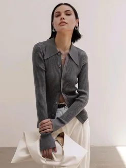 COMMENSE Ribbed Lapel Slim Cardigan* Cardigans|Sweaters & Cardigans